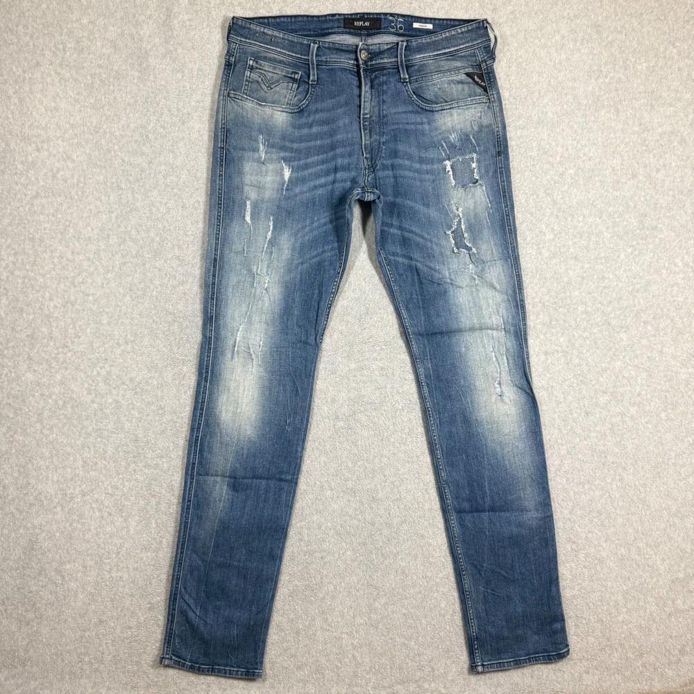 Replay Anbass Slim Fit Distressed Thrashed Blue Jeans Mens‎ 36x34 M914